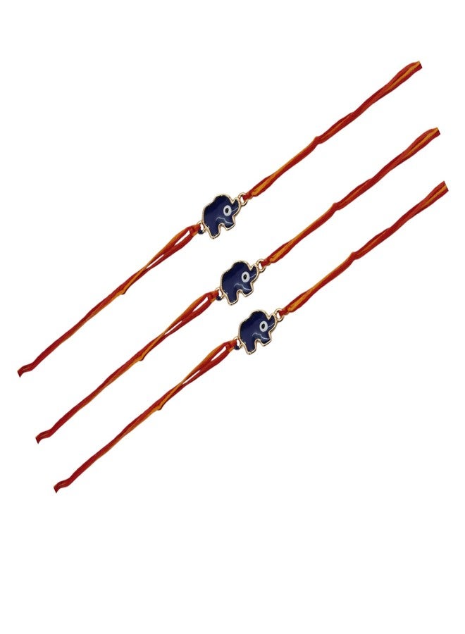 ACCESSHER Blue Enamel Elephant Rakhi for Brother Pack of 3 | Kids Rakhi with Roli Kumkum Packets and Happy Raksha Bandhan Card for Kids & Gifting - Image 1